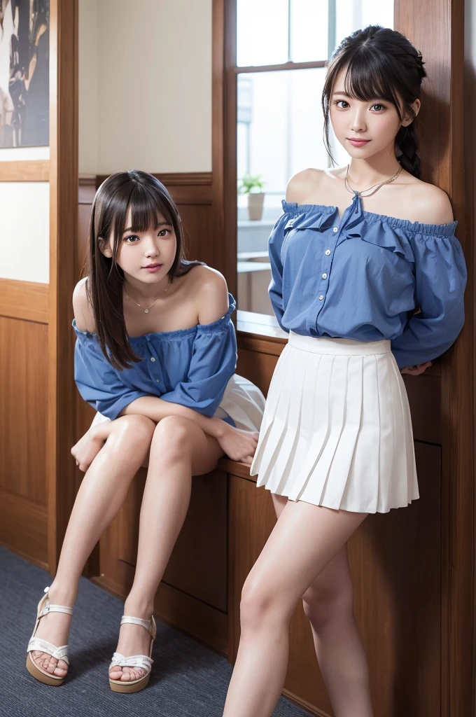 Young woman posing in an indoor corridor。She is wearing a blue blouse with a heart pattern.、The blouse has an off-the-shoulder design.。The blouse is cinched at the waist、The frills are on。She is wearing a white pleated skirt、On her feet she wears white sandals。Her hair is long、blackened、Braided into twin tails。She is smiling at the camera.、I&#39;m posing with my back slightly twisted.。In the background you can see a photo spot perfect for Instagram.。Overall bright、There is a clean atmosphere。
,(Makes your face smaller:1.4)、Small head、Clear skin、((Best image quality))、 ((High resolution))、The face is round、Has big brown eyes。Her eyes are sparkling.、It has a slightly moisturized shine.、Emotions are abundantly expressed。The eyes are slightly open、I feel interest and curiosity。Also、Long eyelashes、It enhances the sparkle in your eyes。-yeld hischool girl、Bondage、Vibe、rotor、M-shaped legs、uniform、Thin Necklace、Thong
