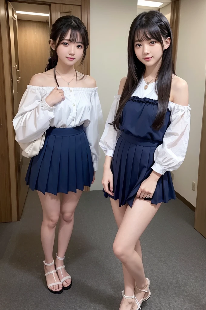 Young woman posing in an indoor corridor。She is wearing a blue blouse with a heart pattern.、The blouse has an off-the-shoulder design.。The blouse is cinched at the waist、The frills are on。She is wearing a white pleated skirt、On her feet she wears white sandals。Her hair is long、blackened、Braided into twin tails。She is smiling at the camera.、I'm posing with my back slightly twisted.。In the background you can see a photo spot perfect for Instagram.。Overall bright、There is a clean atmosphere。
,(Makes your face smaller:1.4)、Small head、Clear skin、((Best image quality))、 ((High resolution))、The face is round、Has big brown eyes。Her eyes are sparkling.、It has a slightly moisturized shine.、Emotions are abundantly expressed。The eyes are slightly open、I feel interest and curiosity。Also、Long eyelashes、It enhances the sparkle in your eyes。-yeld hischool girl、Bondage、Vibe、rotor、M-shaped legs、uniform、Thin Necklace、Thong