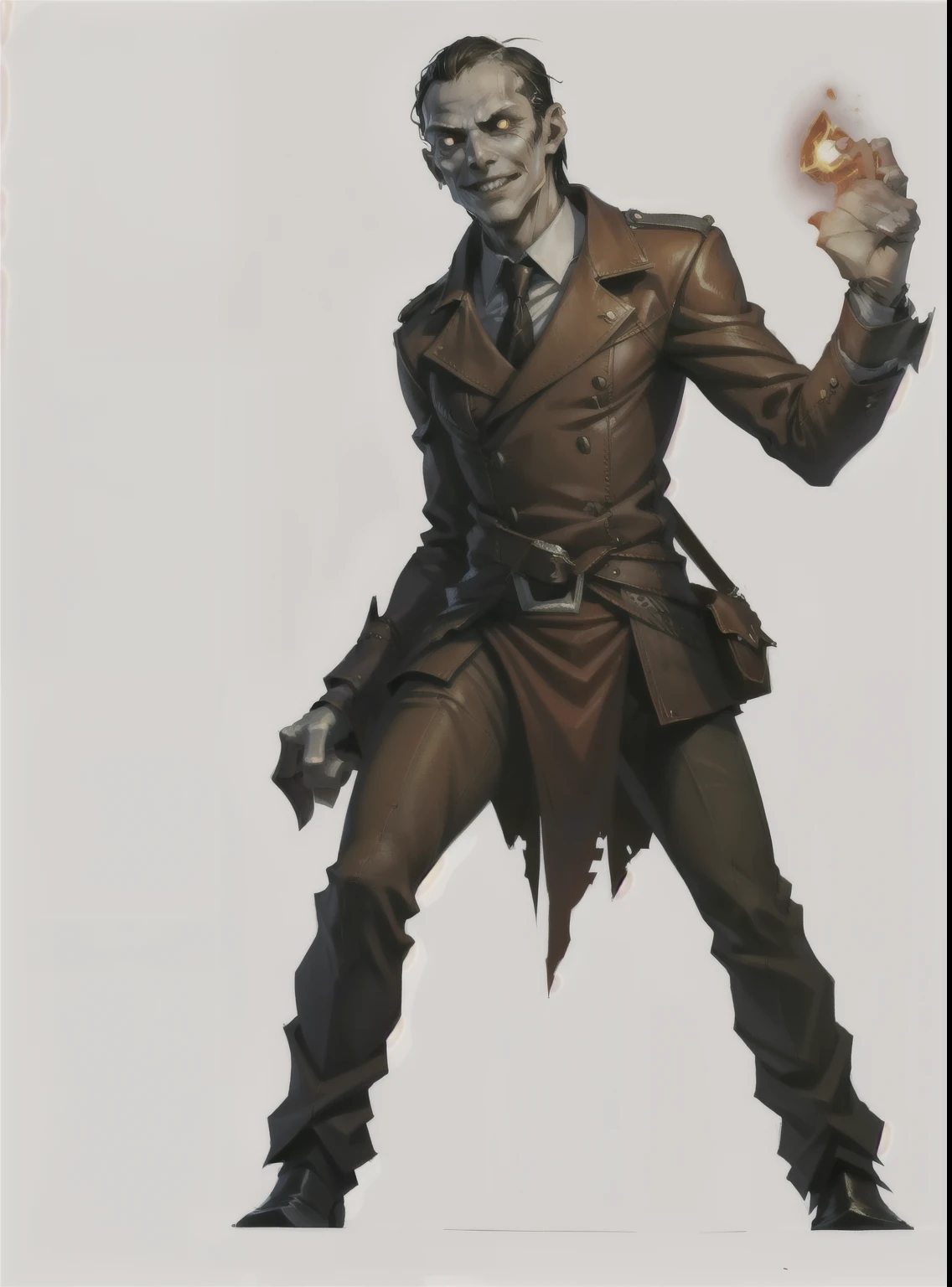 I want a character with a white background, png, full body image, wicked person, moving his hand in a way that appears to be devising a plan, and a devilish face, red leather clothes and a macabre smile, slender posture, black hair, brown color.