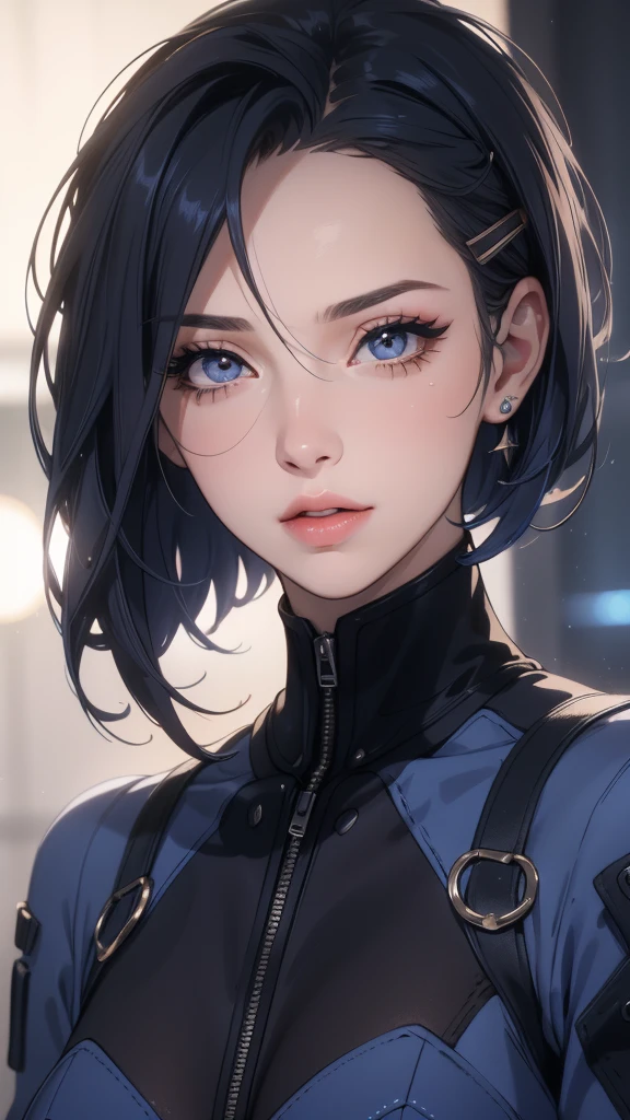 a beautiful young girl with short blue hair, a light smile, brown eyes, hair clips, lips, stud earrings, semi-rimless eyewear, wearing a glossy blue bodysuit, with a large buttocks and large breasts, (best quality,4k,8k,highres,masterpiece:1.2),ultra-detailed,(realistic,photorealistic,photo-realistic:1.37),highly detailed face, extremely detailed eyes and face, long eyelashes, beautiful detailed eyes, beautiful detailed lips, concept art, cinematic lighting, vibrant colors, hyper-realistic