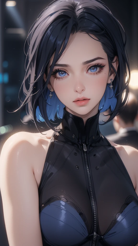 a beautiful young girl with short blue hair, a light smile, brown eyes, hair clips, lips, stud earrings, semi-rimless eyewear, wearing a glossy blue bodysuit, with a large buttocks and large breasts, (best quality,4k,8k,highres,masterpiece:1.2),ultra-detailed,(realistic,photorealistic,photo-realistic:1.37),highly detailed face, extremely detailed eyes and face, long eyelashes, beautiful detailed eyes, beautiful detailed lips, concept art, cinematic lighting, vibrant colors, hyper-realistic
