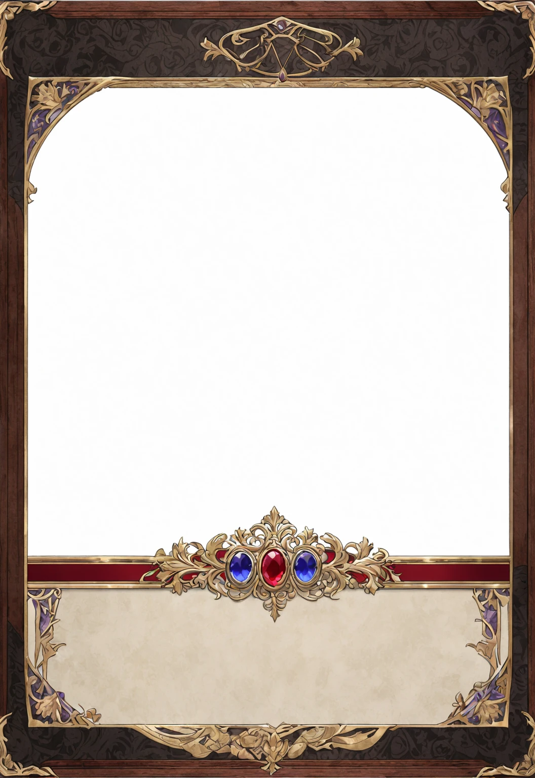 A card border UI,Medieval European aristocracy design,Noble and elegant dark style,There is a lavender ribbon in the middle with the card name.,There is a ruby under the bezel,There are sapphires on the left and right corners.。Redwood frame,Parchment backing,There are blood stains on it。Deep Red、Emerald Green、Gold main tone。