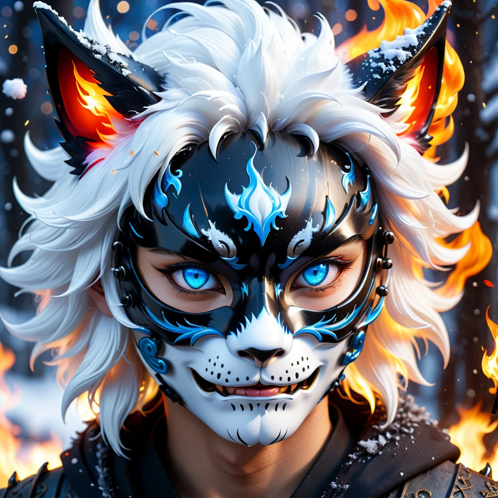 highly detailed, split photo, left side is a metal oni fox mask, right side is a scarred japanese boy with glowing blue eyes and black blindfold and flowing white hair. intricate details, indistinct snow background, bokeh effect, flaming sparks. digital art render, 4K UHD, Unreal Engine 5, more detail, enhanced.