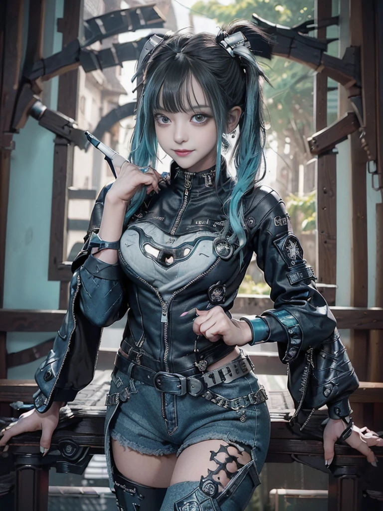 (Full body view:1.4)、(Full Body View:1.4)、(Side view:1.1)、(Smiling with teeth showing:1.3),(Shibuya Gal:1.5)、(Special forces fighter:1.5)、(Punk RockVisual Kei:1.4)、(Turquoise, navy and denim medieval noble zip up:1.5)、(Navy and white arm covers and bugle pants:1.5)、(Blue high heels:1.3)、(Wearing silver accessories:1.5)、(Dark brown collar:1.4)、(Leather garter belt:1.4)、(Brown Skin Belt:1.3)、(Black lace underwear:1.5)、20-year-old、NSFW、((Highest quality、In 8K、masterpiece:1.3))、Sharp focus:1.2、(Layered Cut、Huge boobs:1.1),Beautiful woman with perfect figure:1.4、(Doing an aerobics pose:1.3)、Slender Abs:1.2、Highly detailed face and skin texture、Detailed eyes、double eyelid,(Twin tails:1.3)、(Black Hair:1.3)、Gravure idol、(A fairytale-like cafe with a lush tree background:1.3)、(Slim body:1.3),(Make your legs thinner:1.4),(Thin, thin thighs:1.3)、(clavicle:1.1)