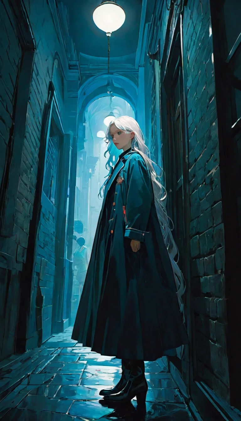 (Front focus),(in the darkness:1.6), 14 years old,Surrealist Portraits of Women by David Hockney and Alphonse Mucha,Fantasy Art, Reality, Dynamic Lighting, Art Station, poster, Volumetric Lighting, Highly detailed face, 4,000 yen, Awards,, A girl, In the streets, Sunlight in the distance，Masonry floor，Looking up，Deep Shadows, humble,Cowboy shooting,(Official uniform:1.4) ,Long hair,White hair,