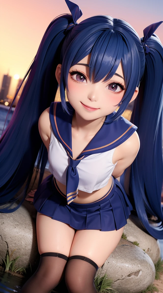 (half closed eyes:1.1), (sexual expression:1.2), Fascinated expression, smile, (blush:1.2), (cabello despeinado), (illustration), retrato, (fondo de ciudad futurista), (arms behind back), Cintura delgada, gran sonrisa, ojos detallados, abdominales fuertes, chica delgada, muscle girl, front pose, big thighs, focus on face, flat nude chested, large city background, blue hair, sailor uniform, skirt, sit on rock, twin tails