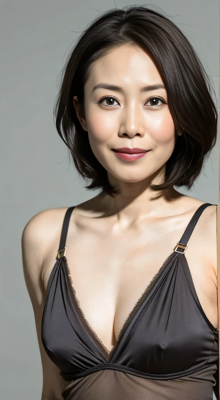 Japanese, Short women, Physical build, Short arms, Long, narrow eyes, Fleeting atmosphere, 40-year-old woman, Brown Bob Hair, ((Thin lips)), lingerie, Pieces fly, Highest quality, Detailed skin, Fine grain, ,8K, Excellent anatomy, Upper body portrait、gray plain background,Bright smile、Large Breasts