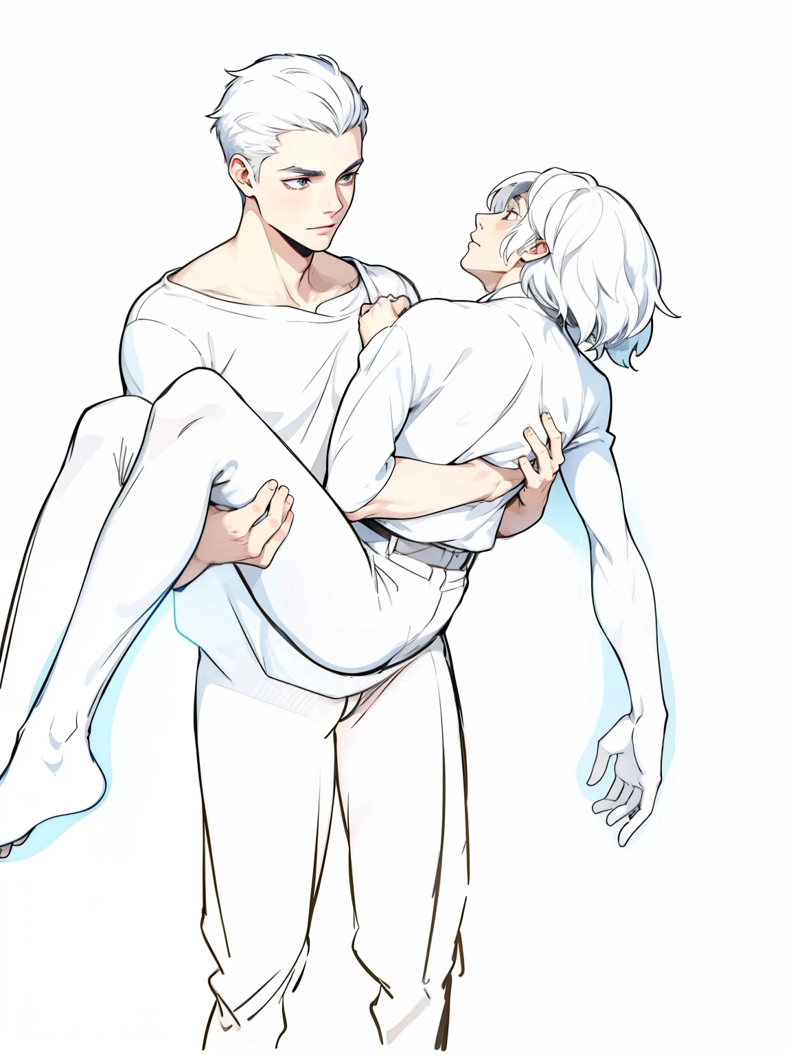 A young man lifts in his arms a young man, he has white hair, black clothes.