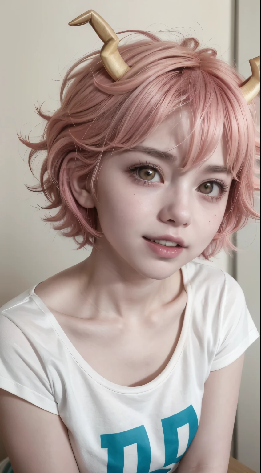 Mina Ashido, 1 girl, Alone, old, short hair, medium old, shirt, White background, clavicle, yellow eyes, Upper part of the body, pink hair, short sleeves, horns, teeth, colored skin, blue shirtteeth, happy, colored sclera, emphasis lines, black sclera, pink skin