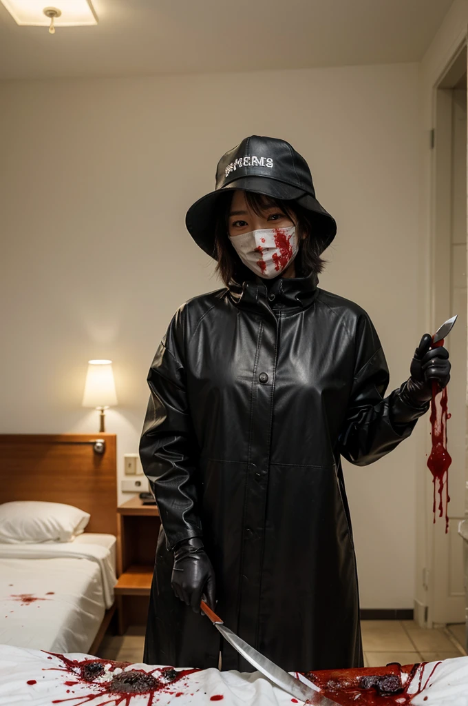 korean girl, (behind corpse, blood splatter), surgical mask, holding knife, stabbing, black raincoat, leather gloves, trucker hat, room full of blood, short hair, holding knife, leather gloves, behind corpse, night, mass murderer, robbery, in the hotel,
