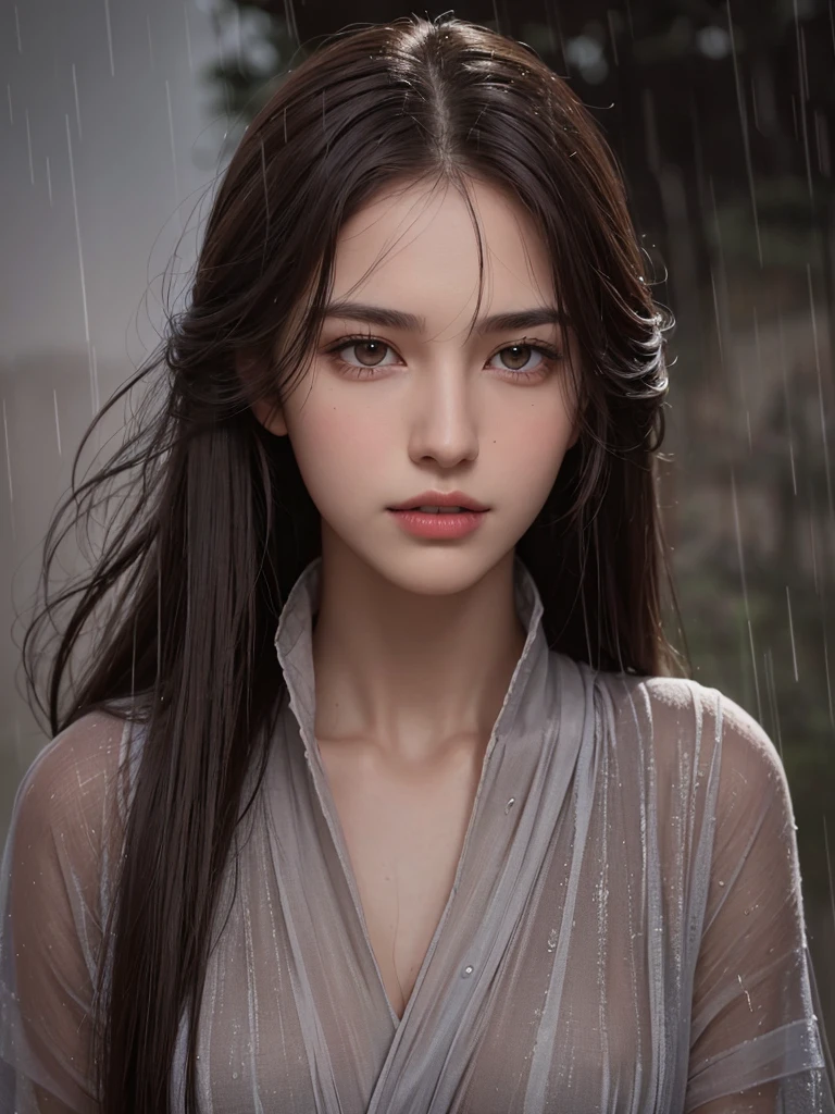 best quality,tmasterpiece,High resolution,Realistic,RAW photo,1girl,dark brown hair,Tall and tall,standing outside in the rain,Sense of strong contrast,Soft and textured skin, cold morning, With a shallow smile, With deep eyes