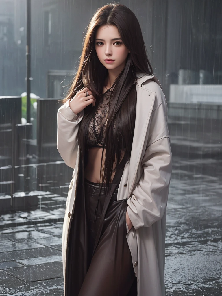 best quality,tmasterpiece,High resolution,Realistic,RAW photo,1girl,dark brown hair,Tall and tall,standing outside in the rain,Sense of strong contrast,Soft and textured skin, cold morning, With a shallow smile, With deep eyes