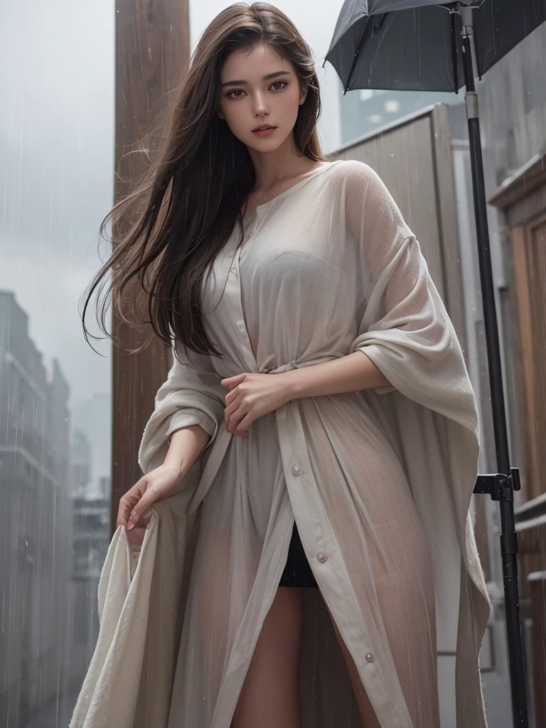 best quality,tmasterpiece,High resolution,Realistic,RAW photo,1girl,dark brown hair,Tall and tall,standing outside in the rain,Sense of strong contrast,Soft and textured skin, cold morning, With a shallow smile, With deep eyes