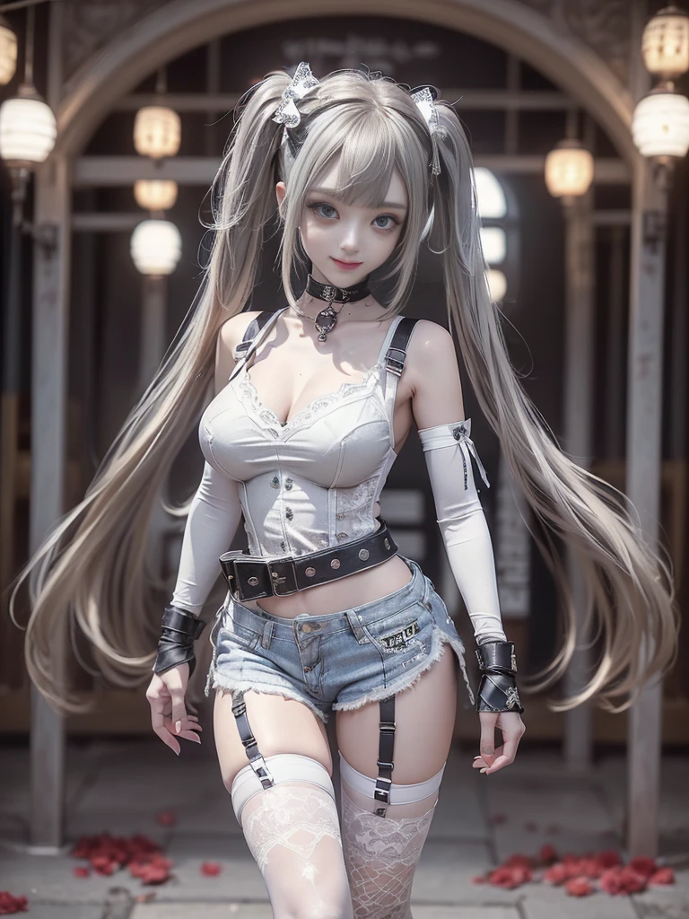 (Full body:1.5)、(Full body:1.2)、(Smiling with teeth showing:1.3),(Shibuya Gal:1.5)、(Neo-goth style fashion:1.5)、(Punk RockVisual Kei:1.4)、(Medieval noble gimp in denim and silver and white:1.5)、(Denim medieval white arm covers and garter shorts:1.5)、(White denim high heels:1.3)、(Wearing silver accessories:1.5)、(Denim collar:1.4)、(White leather garter belt:1.4)、(Brown Skin Belt:1.3)、(White lace underwear:1.5)、20-year-old、NSFW、((Highest quality、In 8K、masterpiece:1.3))、Sharp focus:1.2、(Layered Cut、Huge boobs:1.1),Beautiful woman with perfect figure:1.4、(Dancing vigorously:1.3)、Slender Abs:1.2、Highly detailed face and skin texture、Detailed eyes、double eyelid,(Twin tails:1.3)、(Brown-golden hair:1.3)、Gravure idol、(The background is a VIP room of a high-class cabaret club surrounded by roses on a sunny day outdoors.:1.3)、(Slim body:1.3),(Make your legs thinner:1.4),(clavicle:1.1)