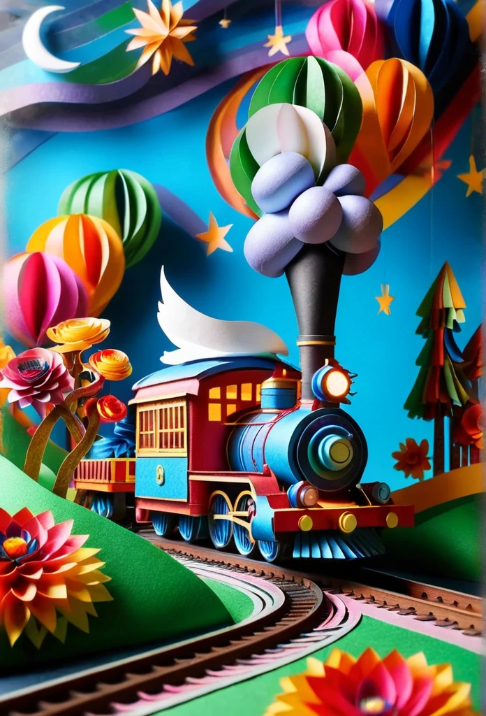 A fantastic vehicle that combines a steam locomotive and a tram. Delicate paper art. Three-dimensional. Colorful, delicate and beautiful curves. Wonderful. Night sky. Stars. Moon. Flowers. A world of fantasy.
Railroad tracks floating in the night sky.
Old American steam locomotive.
There is one chimney.