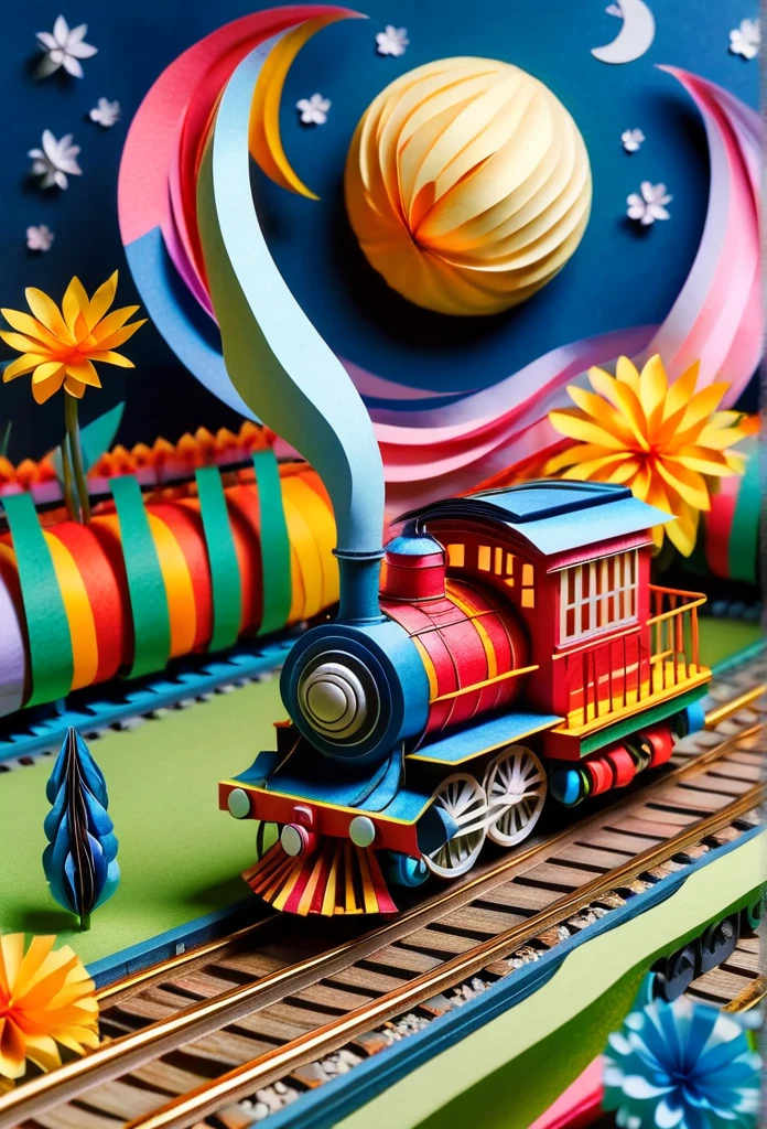 A fantastic vehicle that combines a steam locomotive and a tram. Delicate paper art. Three-dimensional. Colorful, delicate and beautiful curves. Wonderful. Night sky. Stars. Moon. Flowers. A world of fantasy.
Railroad tracks floating in the night sky.
Old American steam locomotive.
There is one chimney.