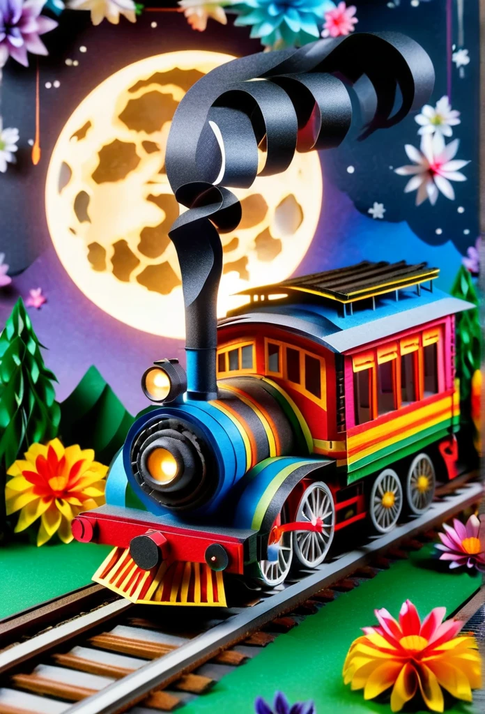 A fantastic vehicle that combines a steam locomotive and a tram. Delicate paper art. Three-dimensional. Colorful, delicate and beautiful curves. Wonderful. Night sky. Stars. Moon. Flowers. A world of fantasy.
Railroad tracks floating in the night sky.
Old American steam locomotive.
There is one chimney.