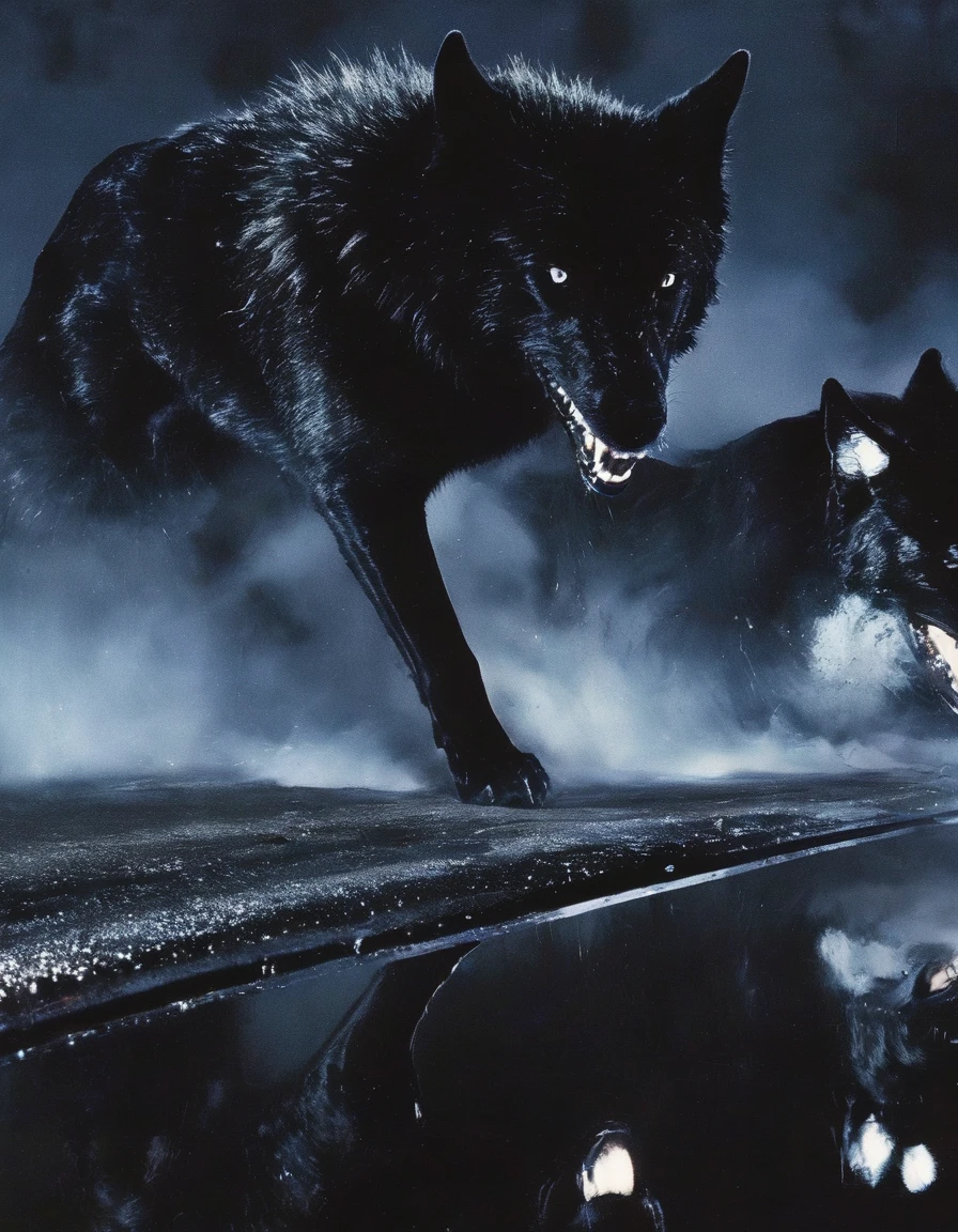 car with giant black wolf  on night street