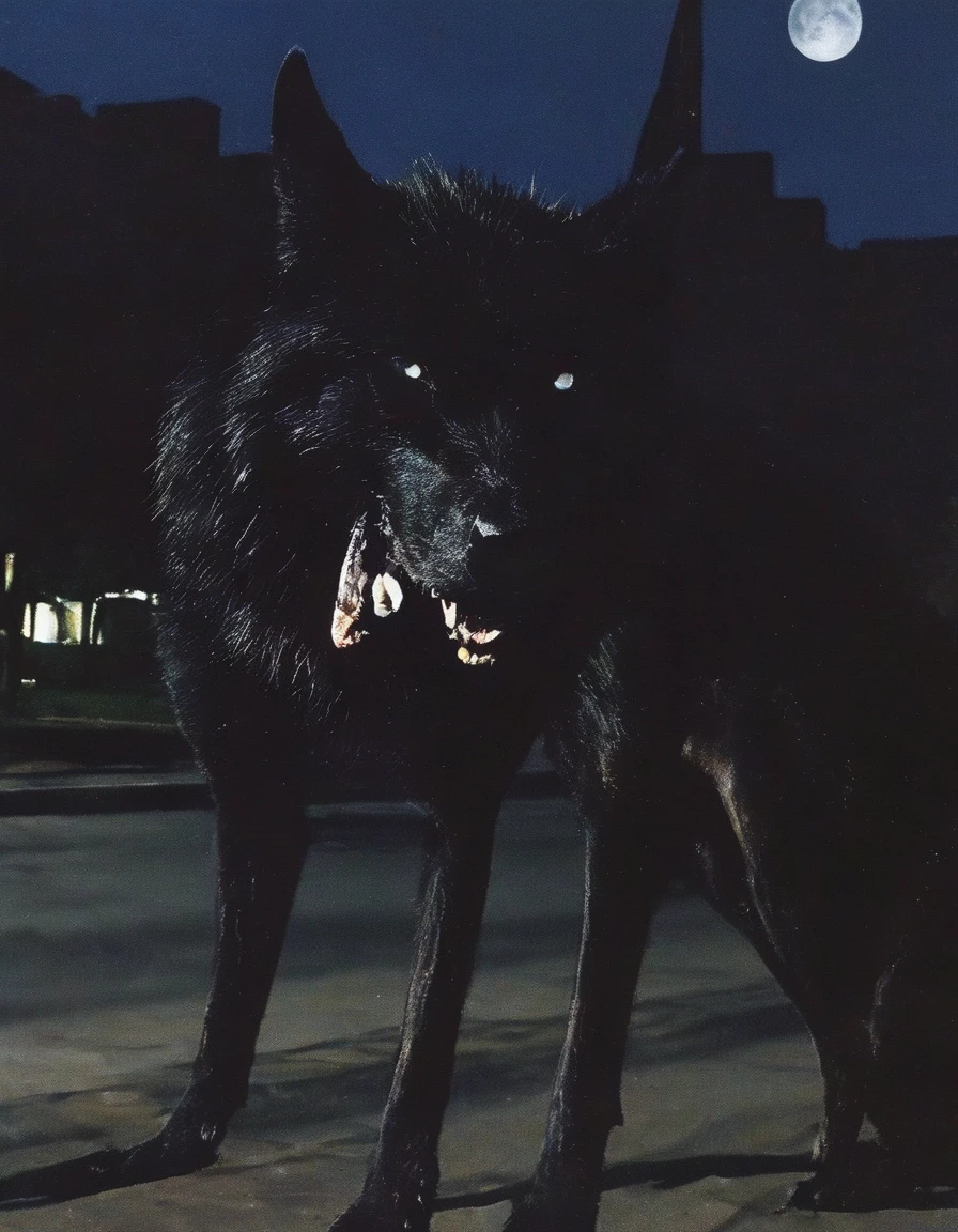 car with giant black wolf on night street