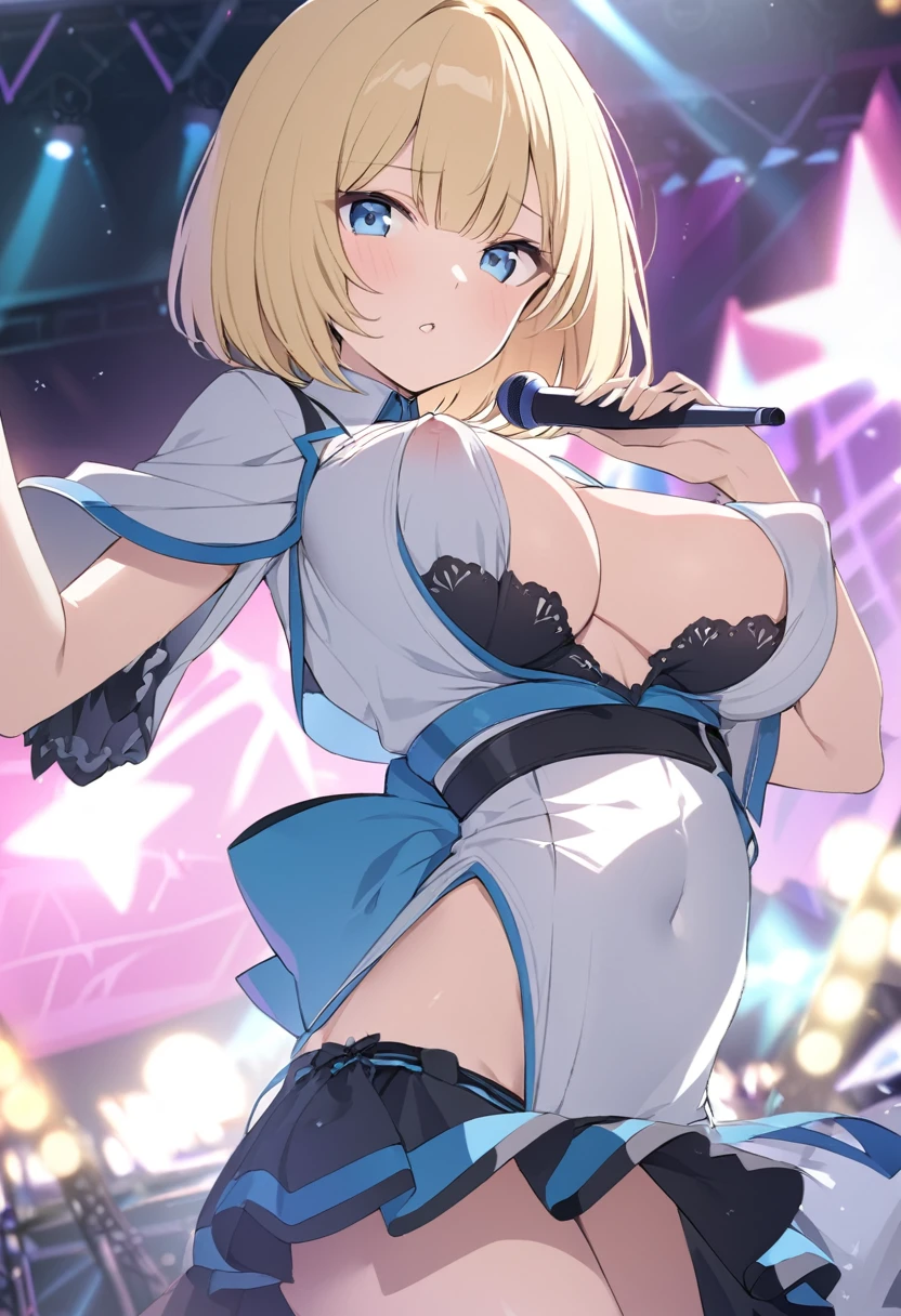 Sylvia Richter, blonde hair, short hair, bob cut, blue eyes, large breasts,, Live Stage, solo .nipple,