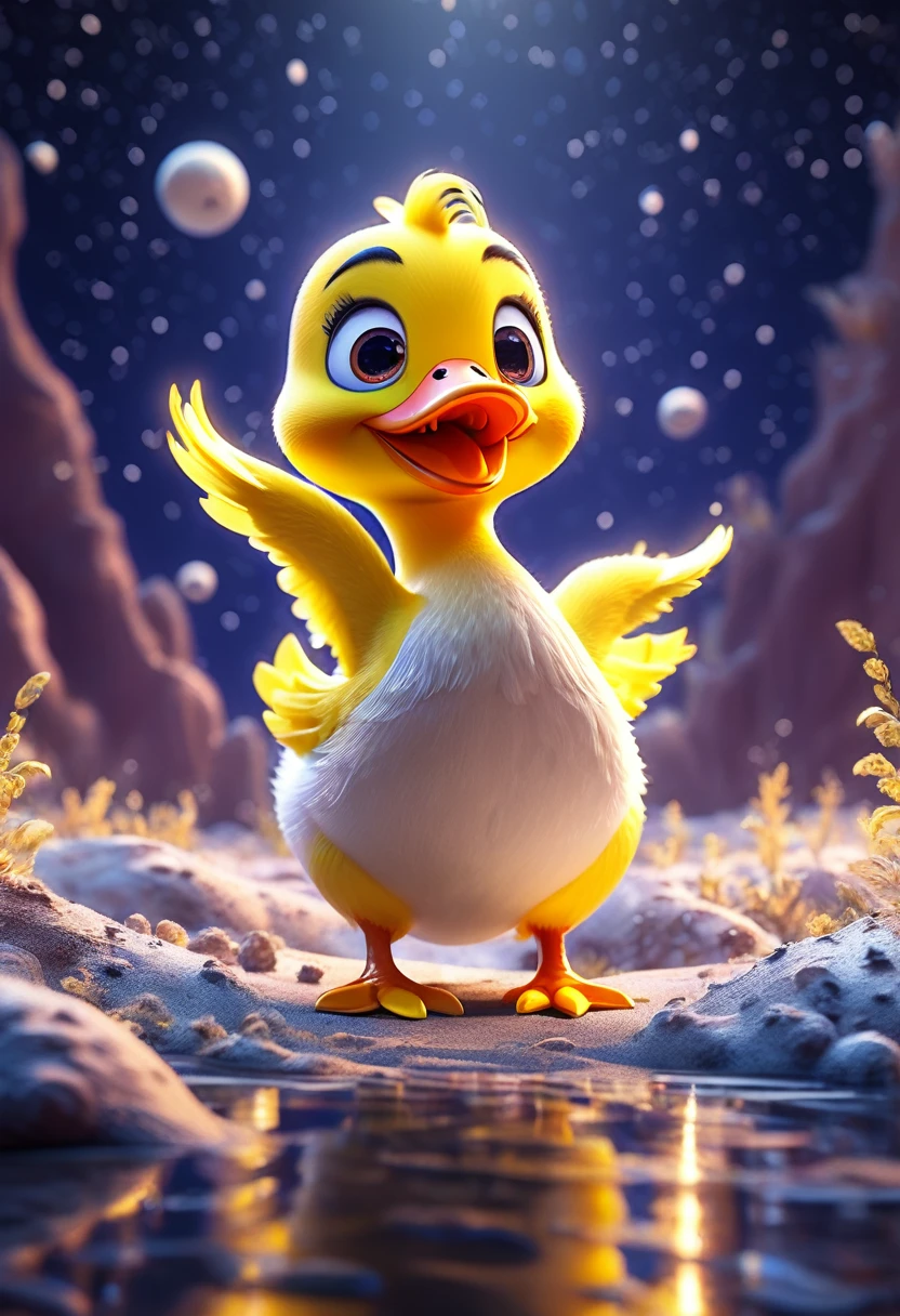 cute yellow duck, standing on moon, cartoon,arms, hands,cute eyes, looking at viewer, arms up, effects background, particles