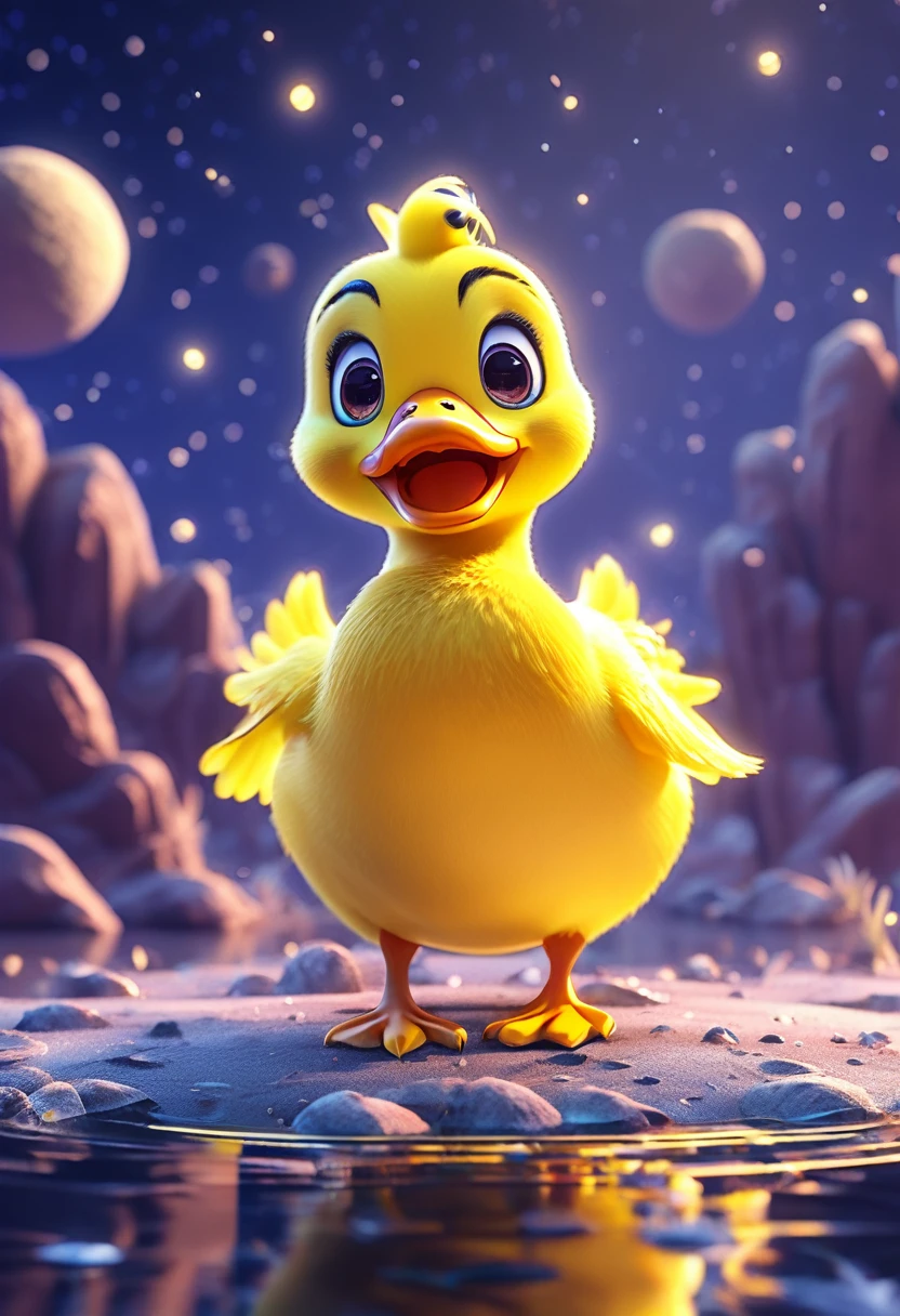 cute yellow duck, standing on moon, cartoon,arms, hands,cute eyes, looking at viewer, arms up, effects background, particles