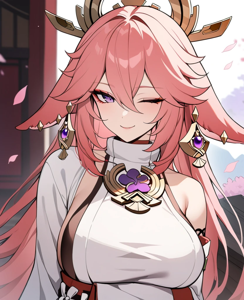 One girl, yae miko, Genshin Impact, Pink Hair, Very long hair, Fox Ears, White shirt, chest, View your viewers, smile, Close one eye, petal, masterpiece, Highest quality