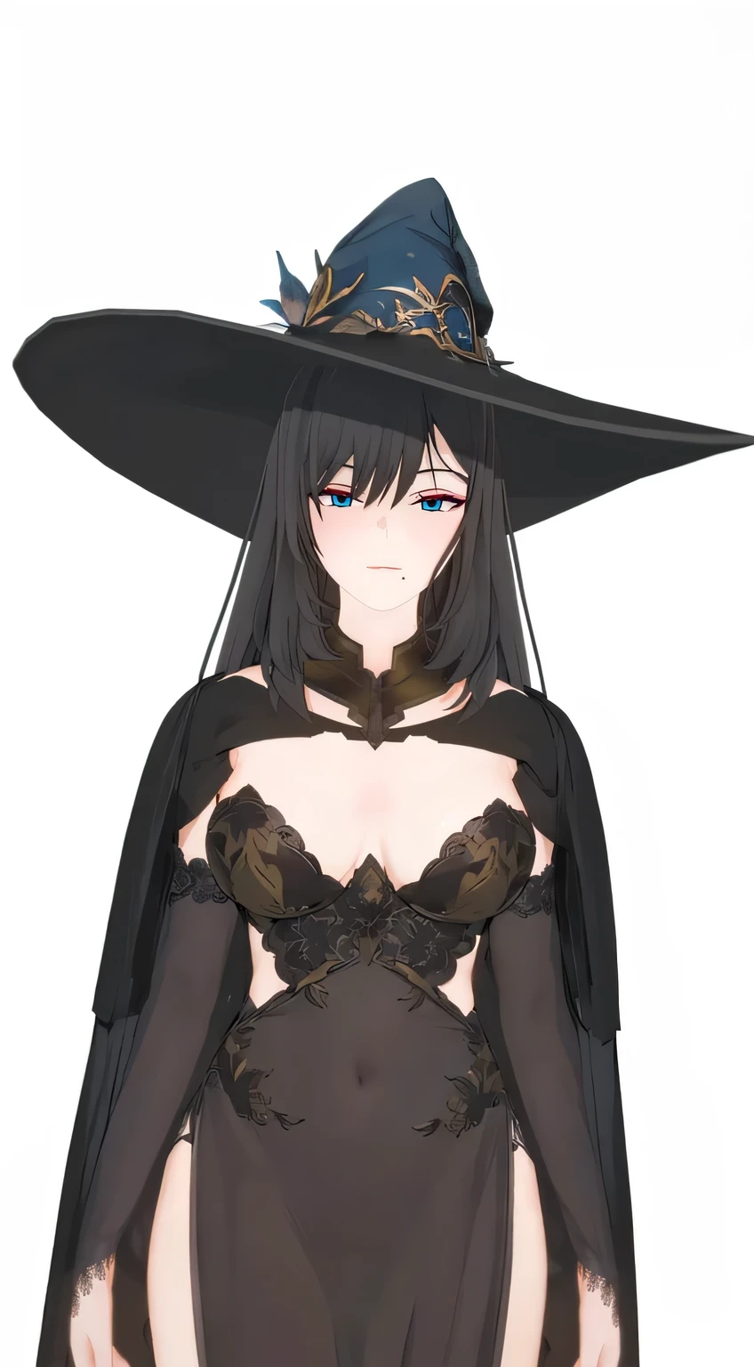 masterpiece, highly detailed, best quality, 1woman, adult, female focus, solo, dark black hair, vibrant blue eyes, long hair, closed mouth, Fantasy aesthetics, fantasy earring, Highly detailed, shadowverse style, sorceress