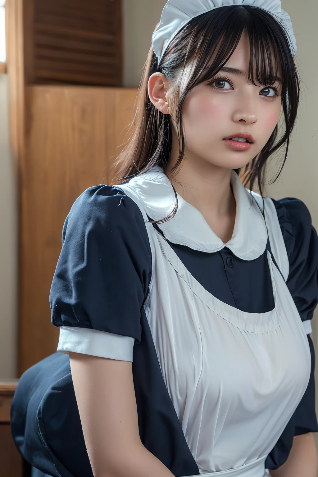 (8k, RAW Photos,highest quality, High resolution:1.1), (Ultra-realistic:1.4),(Realistic, Realistic:1.3),The Beauty of Japan、Rhythmic gymnastics club、Rhythmic Gymnastics Uniform、((Upper Body:1.3)),((Maid:1.3)),((Maid Cafe)), big breasts