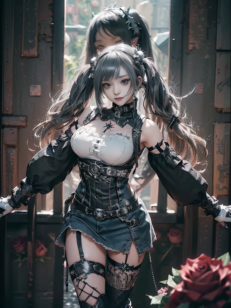 (Smiling with teeth showing:1.3),(Shibuya Gal:1.5)、(Gothic Lolita style fashion:1.5)、(Punk RockVisual Kei:1.4)、(Denim and black and white medieval noble mini skirt dress:1.5)、(Denim and white medieval gloves and bustier:1.5)、(Denim high heels:1.3)、(Wearing silver accessories:1.5)、(Denim collar:1.4)、(Black Leather Garter Belt:1.4)、(Brown Skin Belt:1.3)、(Black lace underwear:1.5)、20-year-old、NSFW、((Highest quality、In 8K、masterpiece:1.3))、Sharp focus:1.2、(Layered Cut、Huge boobs:1.1),Beautiful woman with perfect figure:1.4、(Dancing vigorously:1.3)、Slender Abs:1.2、Highly detailed face and skin texture、Detailed eyes、double eyelid,(Twin tails:1.3)、(Brown-golden hair:1.3)、Gravure idol、(The background is a VIP room of a high-class cabaret club surrounded by roses on a sunny day outdoors.:1.3)、(Slim body:1.2),(Make your legs thinner:1.4),(clavicle:1.1)