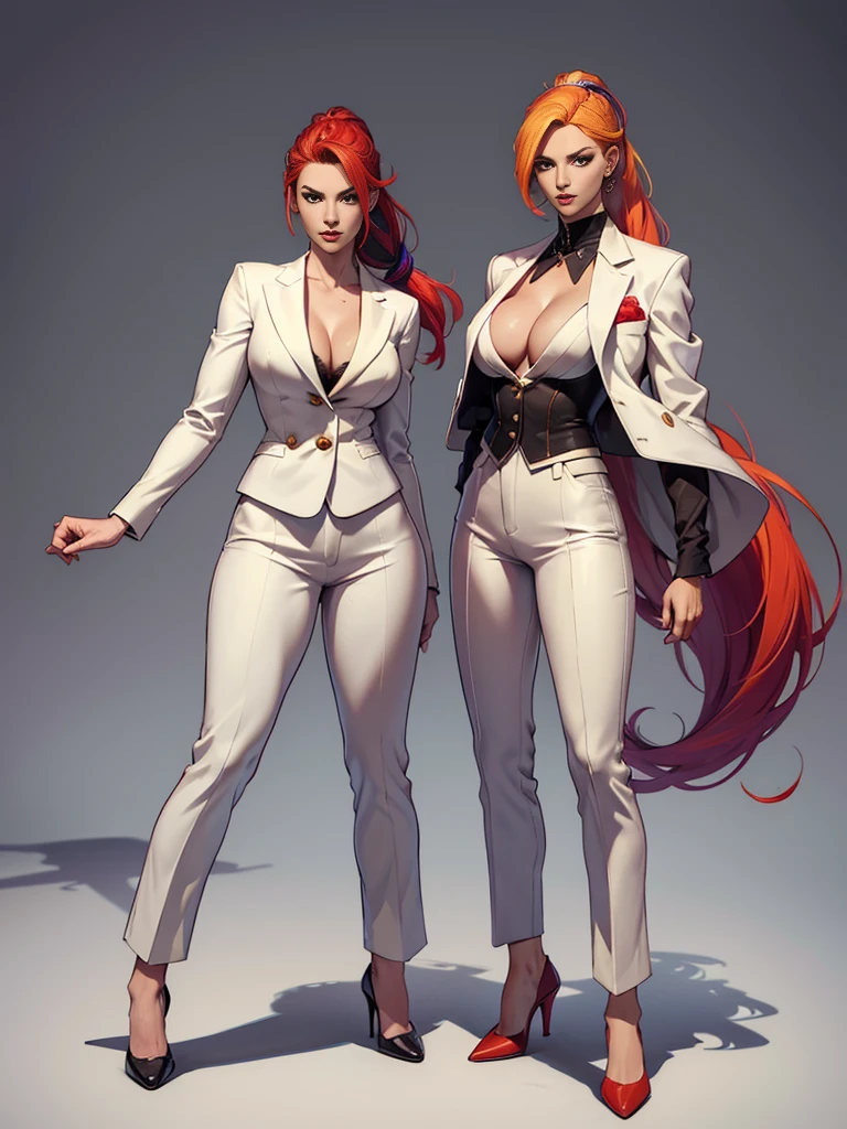 ((best quality)), ((4k)), ((highres)), ((masterpiece:1.2)). ((detailed)), ((ultra realistic)), ((intricate details)), ((full body picture)), ((character design sheet)), ((blank background)), ((standing in a blank background)), a full body shot of a sexy pale female, inhuman pale skin, ((vampire pale skin))), redhead, ((vivid red hair)), sexy and dangerous, a bit of androgyny, long braided low ponytail, ((long braided low ponytail)), about 30 years old, about 6'0 ft tall, athletic frame, character concept art, female executive, blazer suit, dress pants, work pants, white, black and gold outfit ((multicolored outfit)), ((predominantly white outfit)), ((showing cleavage)), office heels, fighting game character design, tekken character design, the king of fighters character concept art, villainess character concept art, full body,