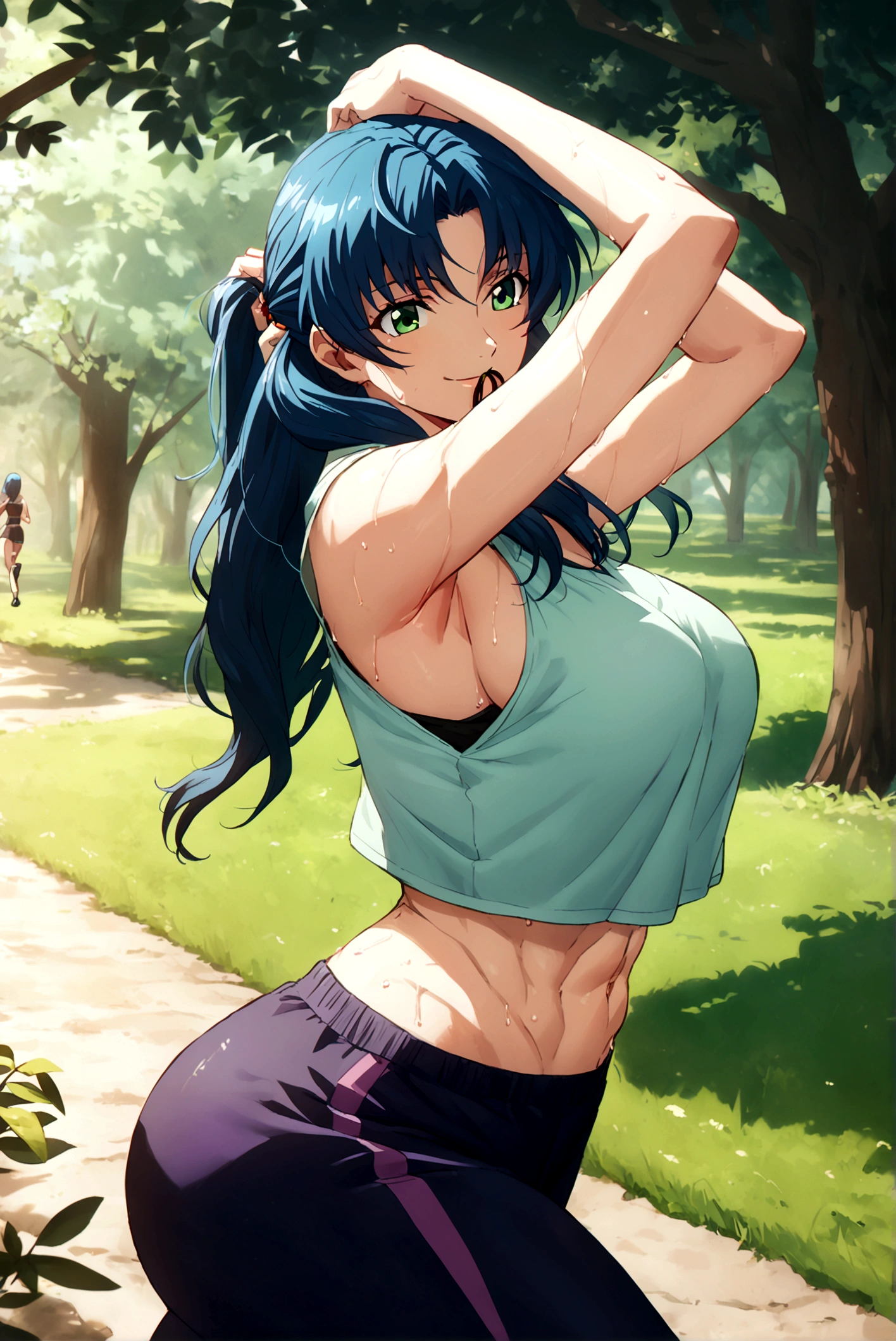 Large Breasts, anime girl with blue hair and green eyes long haired, misato katsuragi, portrait knights of zodiac girl, fubuki, kusanagi, inspired by Rei Kamoi, nico robin, ikki tousen, knights of zodiac girl, juri misaki, gainax anime style, close view 8K,HD,Wallpaper masterpiece 1.3, large ass, casual Clothes. Home backround, smiling, a little sweaty, croptop. Tying up hair, arms behind hair, hair tie in mouth, slightly sweaty armpits. Abs showing, jogging, park backround, sun