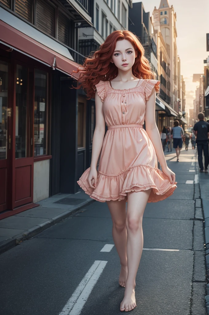 (best quality,ultra-detailed),portraits,(red wavy bob hair),one teen girl,pale skin,(blue eyes),short frilled peach color dress,barefoot,walking on city streets,landscape lighting,photorealistic,vivid colors,cityscape background