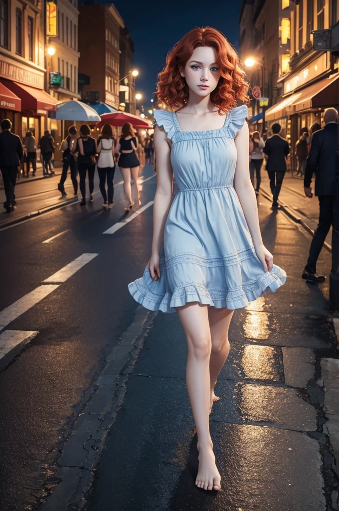 (best quality,ultra-detailed),portraits,(red wavy bob hair),one girl,pale skin,(blue eyes),short frilled peach color dress,barefoot,walking on city streets,landscape lighting,photorealistic,vivid colors,cityscape background