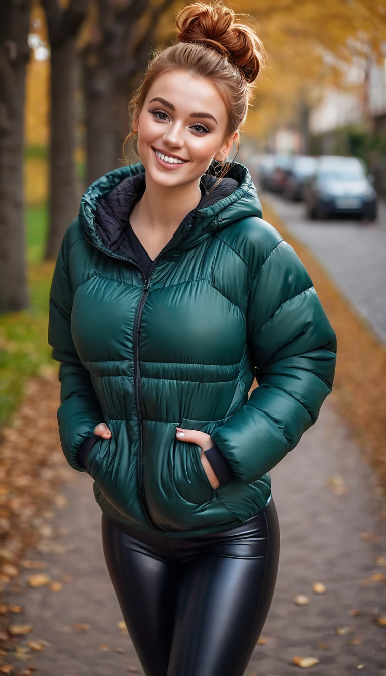 ultrarealistic high quality full body photo of a beautiful busty slim european 25-year-old woman with cute hyperdetailed shy face and natural redhead messy bun hair and shy smile , realistic round hazel eyes, natural lips, dark eye makeup with eyeliner, wearing casual hoodie with shiny puffer jacket and latex leggins, hourglass body, outdoor photography, tanned