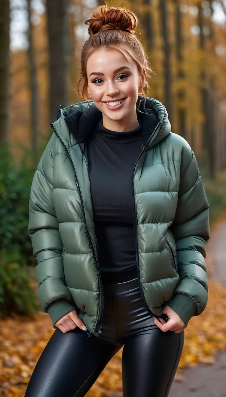 ultrarealistic high quality full body photo of a beautiful busty slim european 25-year-old woman with cute hyperdetailed shy face and natural redhead messy bun hair and shy smile , realistic round hazel eyes, natural lips, dark eye makeup with eyeliner, wearing casual hoodie with shiny puffer jacket and latex leggins, hourglass body, outdoor photography, tanned
