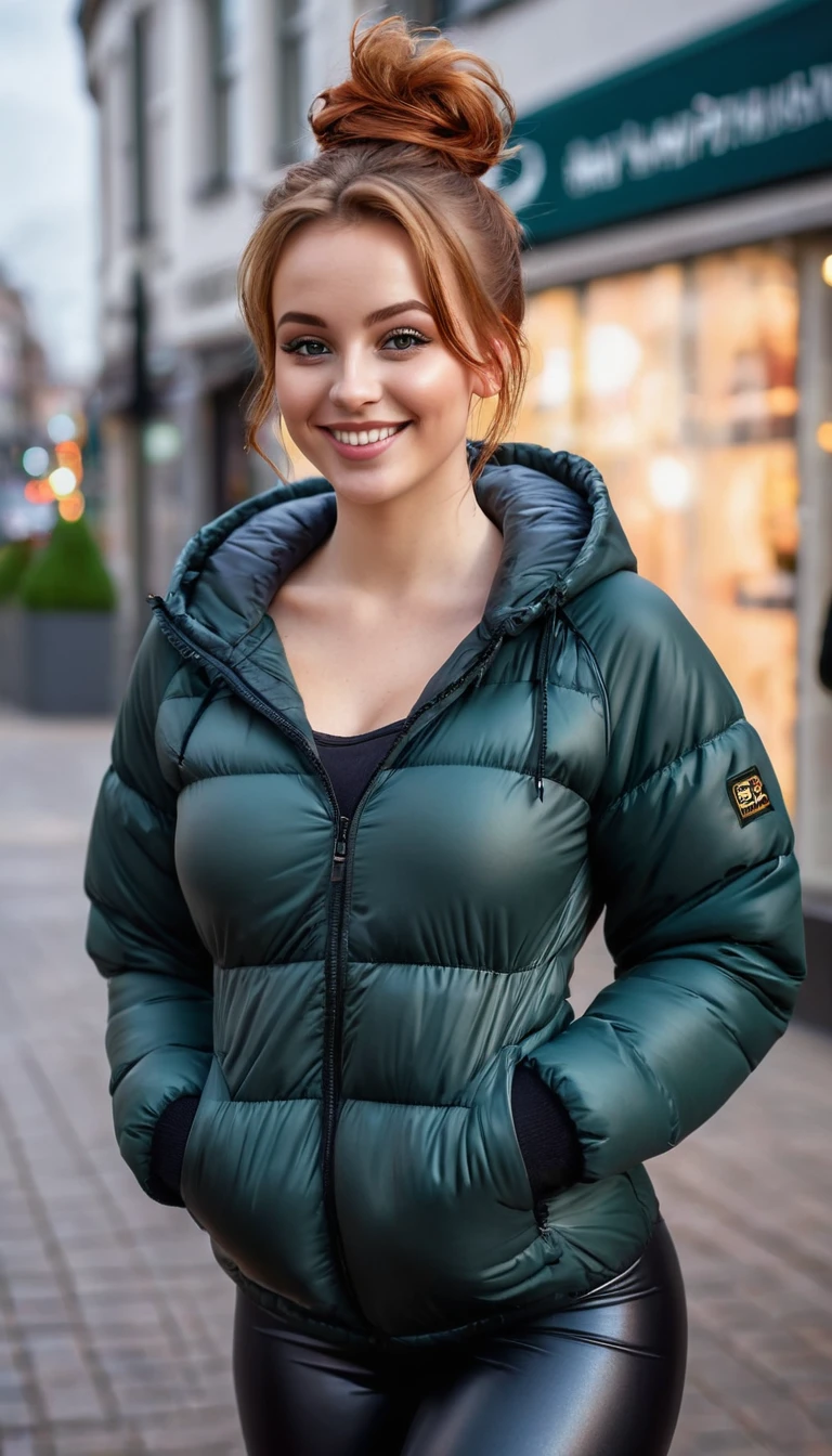 ultrarealistic high quality full body photo of a beautiful busty slim european 25-year-old woman with cute hyperdetailed shy face and natural redhead messy bun hair and shy smile , realistic round hazel eyes, natural lips, dark eye makeup with eyeliner, wearing casual hoodie with shiny puffer jacket and latex leggins, hourglass body, outdoor photography, tanned
