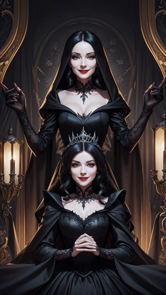 • “An illustration of an evil stepmother with a mischievous and malicious smile, reminiscent of the stepmother from Snow White, wearing an elaborate black dress, in the style of Grimm’s fairy tales.”