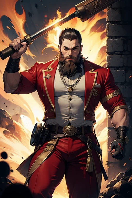 ((best quality)), ((masterpiece)), (detailed), 1man, Royal clothes, Thick beard, Bodybuilding, Fiery hammer in hands, Hitting pose, big hammer,