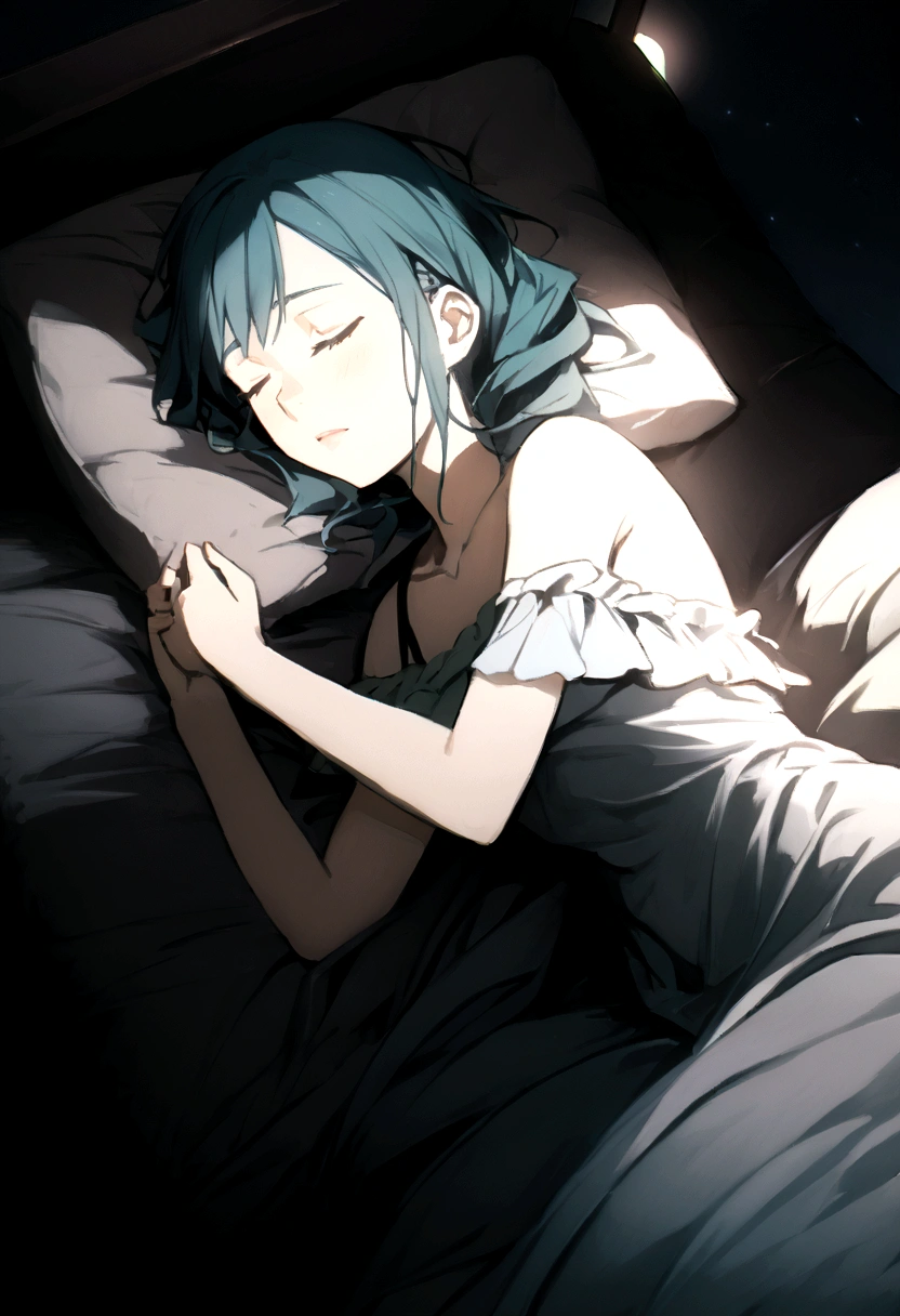 two anime women sleeping embraced in a big bed, detailed, medium swooping shot, soft light, glow, night atmosphere, (muted colors: 1.2)