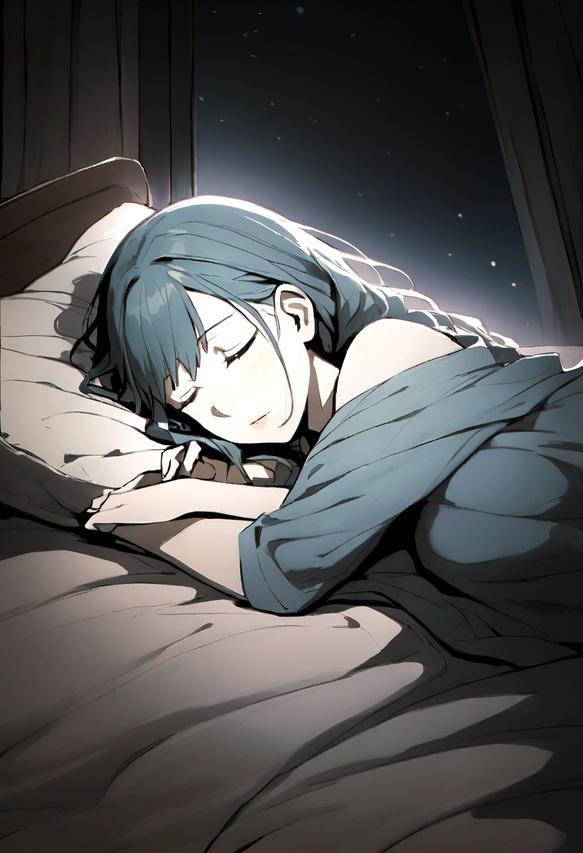 two anime women sleeping embraced in a big bed, detailed, medium swooping shot, soft light, glow, night atmosphere, (muted colors: 1.2)