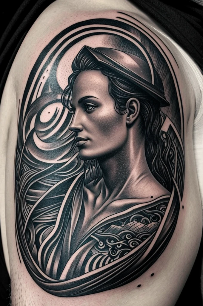 Black and white tattoo design. It must be a surreal style, and must contain the Character of Charon, boatman in greek mythology, mixed with the Concept of philosophical existentialism.