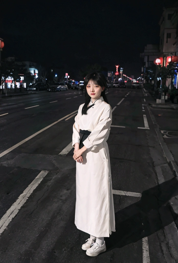 A Chinese girl standing alone on the street，night，Ultra-clear，8K，