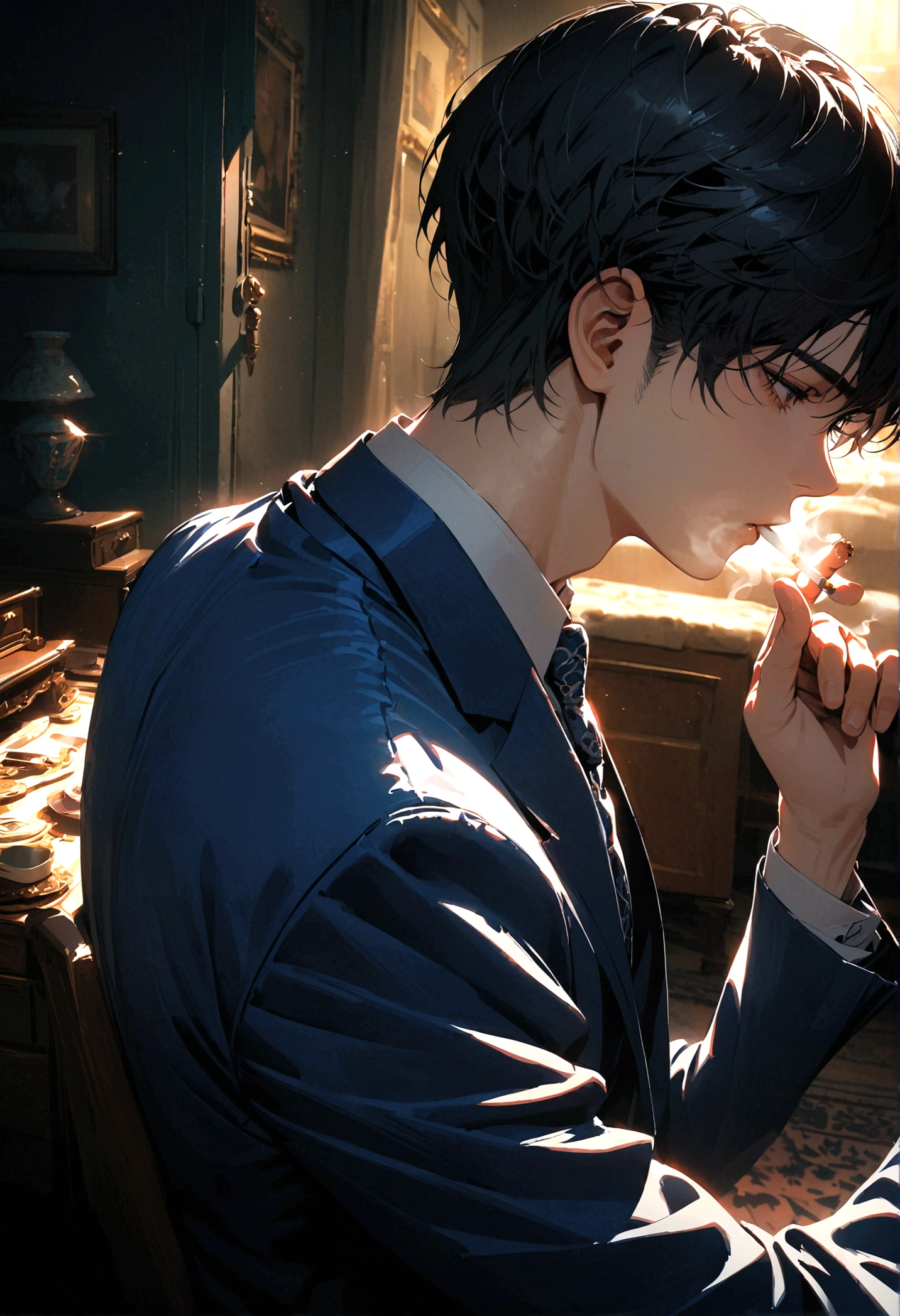 Young man with grayish black hair , a blue suit stood with his back turned half-face smoking a cigarette in his room at night.