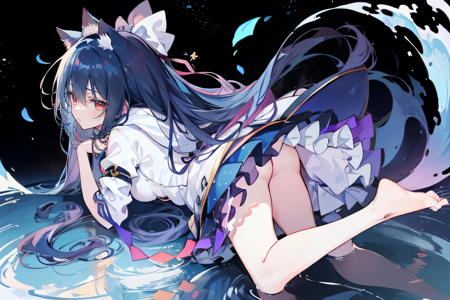 (masterpiece:1.2),Super detailed,lifelike,Expressive eyes,fair skin,perfect face shape,1 girl,
Japanese comics,Gorgeous blue hair,flowing blue hair,flowing clothes,Cat ears,Petals fall,beautiful lola,Baby Angel,
Shaking head with one hand,Cross your legs,Gentle and peaceful background,The pavilion is cool and comfortable,smile, wearing hoodie, background of tokyo,back views,snowing, winter,lie on the water,Lying on the ground。Dark blue gradient hair,asymmetrical hair,((Hair is very thick 1.8,Chiseled hair 1.6)), Hair over the shoulders, Messy hair, Very long hair, shiny hair,(long dark blue hair:1.2),A beautiful girl,(Transparent clothes transparent 1.8),Perfect body,Big thin legs,slender,(Looks very sad,Looks haggard ,sadness,shut your mouth:1.2) Against the backdrop of an unusually bright dark starry sky,(Put your hands behind your back),(round,Room, Strong breasts),barefoot,float,water surface,(long legs,long legs,long legs,Complete)