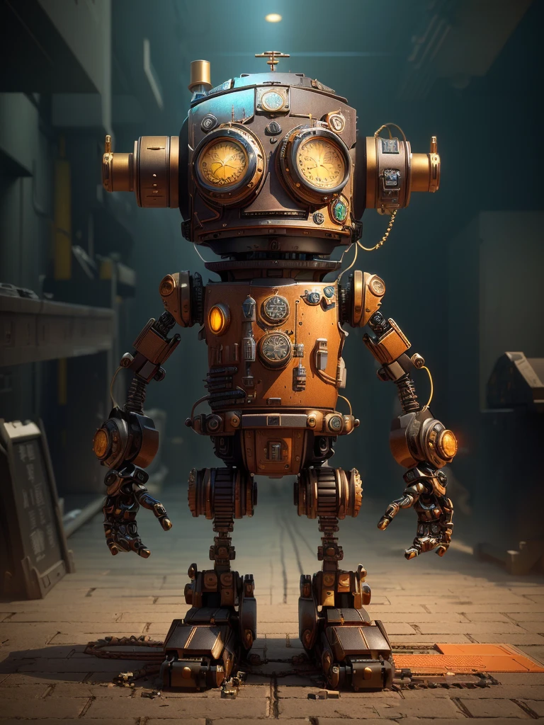 Close-up:一个眼睛发光的robot站在砖地上, cyber steampunk 8 k 3 d, 蒸汽朋克robot, 可爱精致的史诗robot, 3D rendering style, Roland Zierwinsky 3D Rendering Art, 3d rendered steampunk, Stylized as 3D rendering, Stylized 3d rendering, robot, Lovely, Stylized 3D