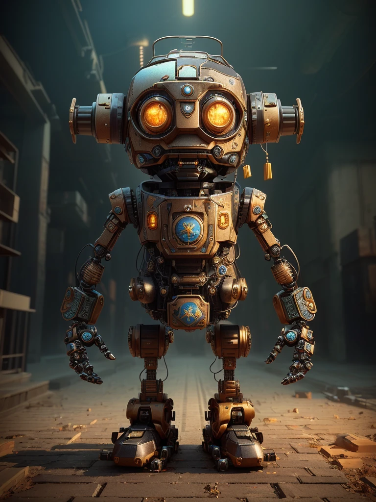 Close-up：一个眼睛发光的robot站在砖地上, cyber steampunk 8 k 3 d, 蒸汽朋克robot, 可爱精致的史诗robot, 3D rendering style, Roland Zierwinsky 3D Rendering Art, 3d rendered steampunk, Stylized as 3D rendering, Stylized 3d rendering, robot, Lovely, Stylized 3D