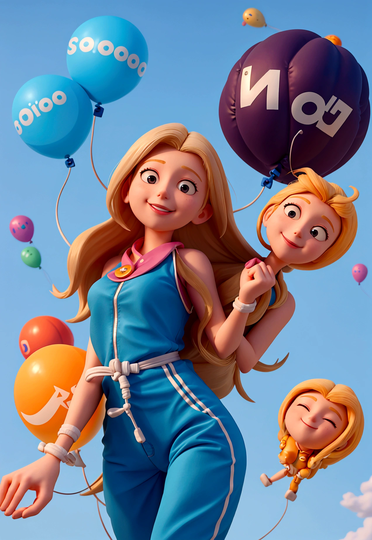 A blonde woman, shoulder length hair, Spaceman, wearing a blue jumpsuit and being carried by balloons towards the sky. YOUR BODY IS LEANING. She holds all 7 balloons in her right hand, by ropes. As she is taken to heaven, She smiles and looks at her left hand, as if inviting someone to hold your mother and go with her.  her feet are no longer on the ground, she floats. her body should not be cropped in the image and her legs are straight. she conveys sweetness, lightness and joy.