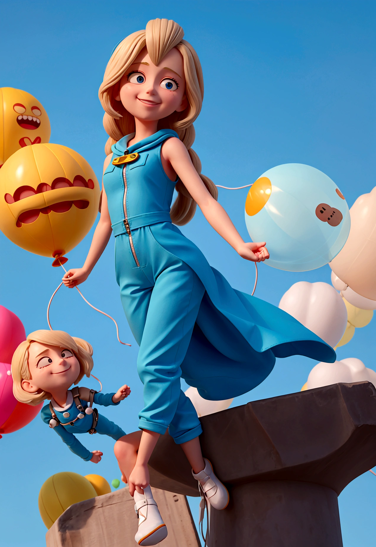 A blonde woman, shoulder length hair, Spaceman, wearing a blue jumpsuit and being carried by balloons towards the sky. YOUR BODY IS LEANING. She holds all 7 balloons in her right hand, by ropes. As she is taken to heaven, She smiles and looks at her left hand, as if inviting someone to hold your mother and go with her.  her feet are no longer on the ground, she floats. her body should not be cropped in the image and her legs are straight. she conveys sweetness, lightness and joy.