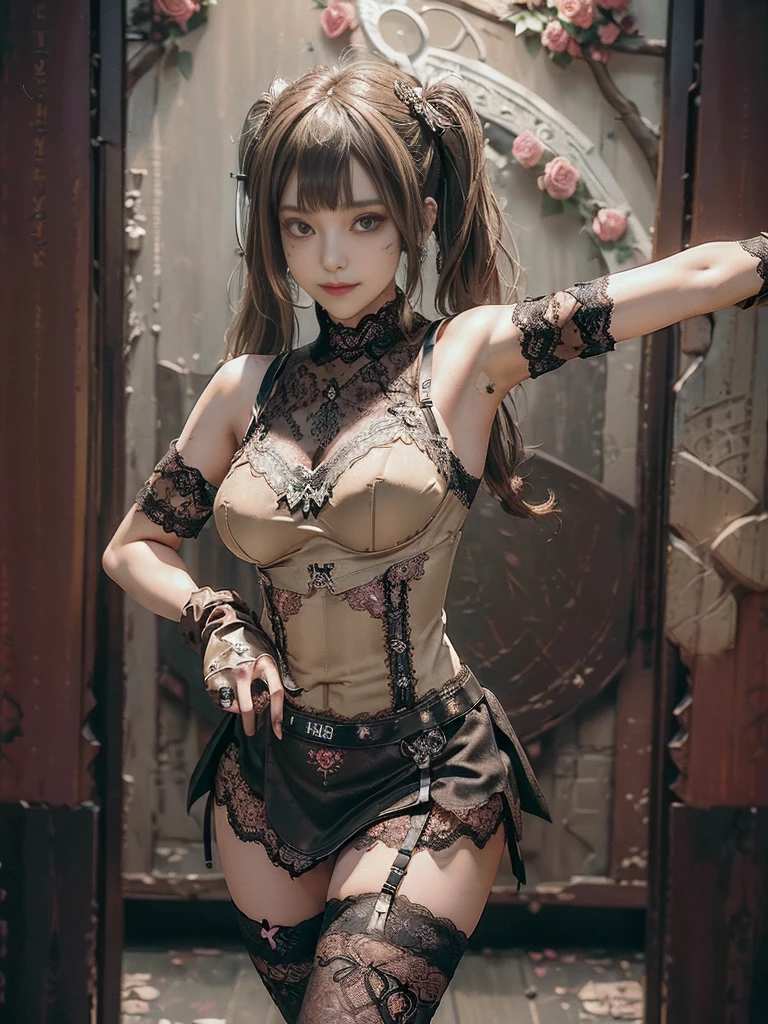 (Full Body View:1.2)、(Full body:1.3)、(Smiling with teeth showing:1.3),(Shibuya Gal:1.5)、(PLAYBOY girl:1.3)(Neo-goth style fashion:1.5)、(Idol Costumes:1.4)、(Medieval royal knitted miniskirt nightdress in wine, dark brown and beige with decorations:1.5)、(Black, brown and beige gloves and a Compression shirt:1.5)、(Denim high heels:1.3)、(Wearing silver accessories:1.5)、(Lace collar:1.4)、(Leather garter belt:1.4)、(Brown Skin Belt:1.3)、(Black lace underwear:1.5)、20-year-old、(Doing an aerobics pose:1.3)、((Highest quality、In 8K、masterpiece:1.3))、Sharp focus:1.2、(Layered Cut、Huge boobs:1.1),Beautiful woman with perfect figure:1.4、(Dancing vigorously:1.3)、Slender Abs:1.2、Highly detailed face and skin texture、Detailed eyes、double eyelid,(Twin tails:1.3)、(Brown-golden hair:1.3)、Gravure idol、(The background is a VIP room of a high-class cabaret club surrounded by roses on a sunny day outdoors.:1.3)、(Slim body:1.2),(Thin thighs:1.4),(clavicle:1.1)